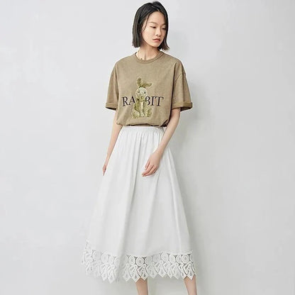 Elegant lace-spliced A-line midi skirt in beige, suitable for various occasions