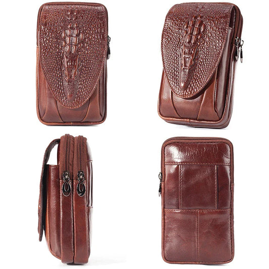 Premium cowhide leather men's mobile phone pouch in vertical design with multiple interior compartments