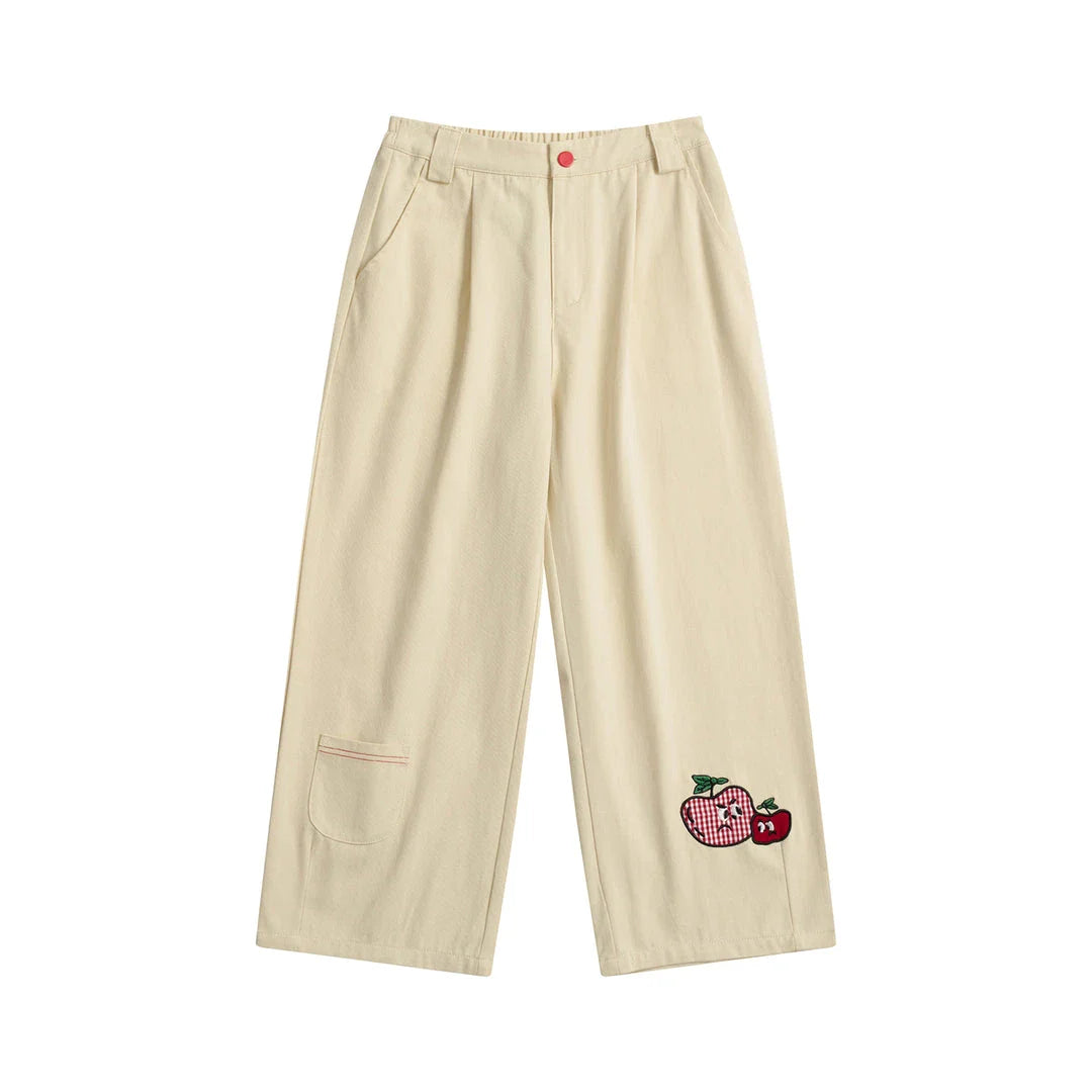 Women's high-waist cotton capri trousers with embroidered fruit designs in a relaxed straight-leg fit