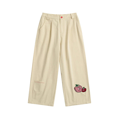 Women's high-waist cotton capri trousers with embroidered fruit designs in a relaxed straight-leg fit