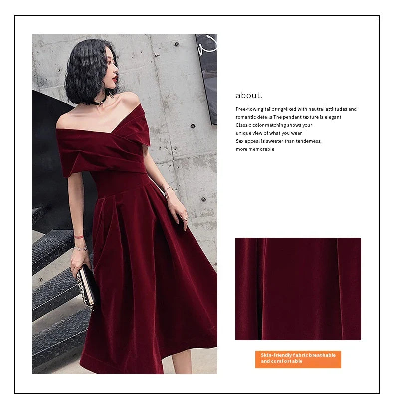 Off-shoulder wine red bridal dress with long, flowing skirt and tight waist for a sophisticated, elegant look
