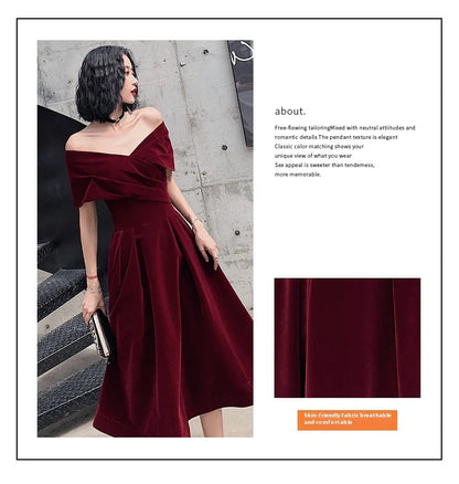 Off-shoulder wine red bridal dress with long, flowing skirt and tight waist for a sophisticated, elegant look