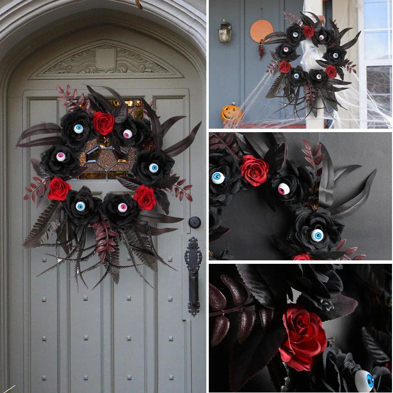 Artificial Halloween rose eyeball garland decoration with lifelike eyeballs and feathery rose blooms