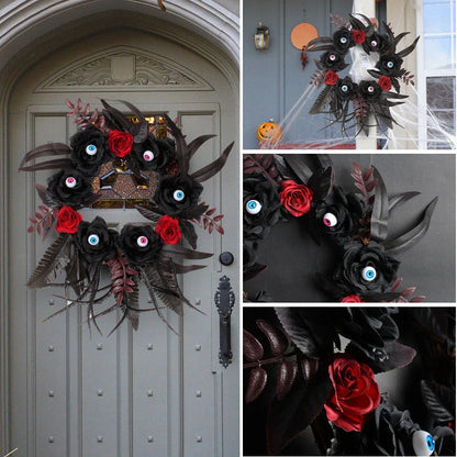 Artificial Halloween rose eyeball garland decoration with lifelike eyeballs and feathery rose blooms