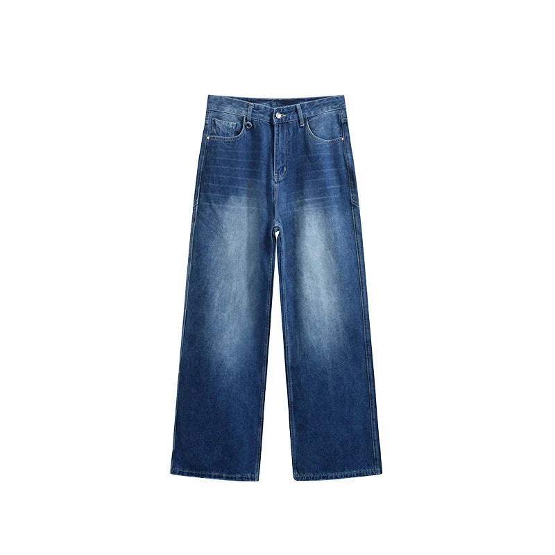Men's Washed Blue 3D Cut Wide Leg Jeans with micro-elasticity and relaxed straight-leg fit