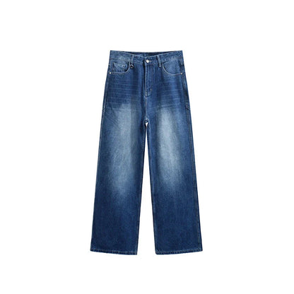 Men's Washed Blue 3D Cut Wide Leg Jeans with micro-elasticity and relaxed straight-leg fit
