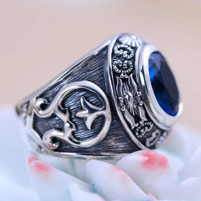 925 sterling silver personalized totem signet ring with blue crystal, a unique and captivating accessory for men
