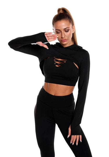 A 3-piece sports set including a hooded top, sports bra, and high-waisted leggings in a black colour scheme.
