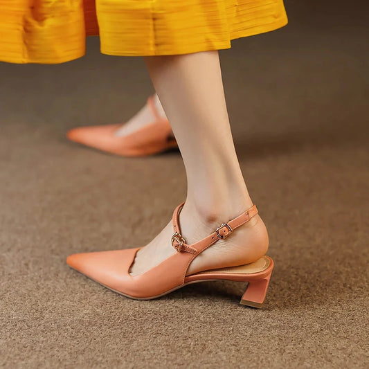 Elegant women's high heel sandals made from genuine leather with a stylish square heel and buckle strap closure