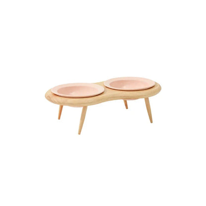 Elevated cat and small dog ceramic feeding set with adjustable wooden stand