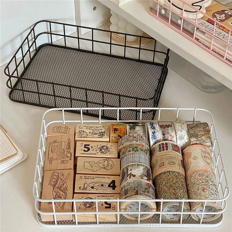 Elegant black iron desktop storage basket with minimalist Nordic design