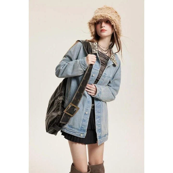 Stylish leopard print denim jacket with a comfortable and versatile design