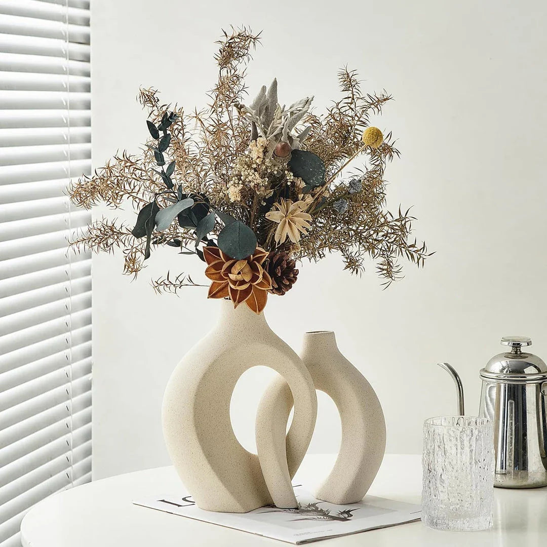 Elegant European White Ceramic Vase Set with Textured Design and Sleek Silhouettes