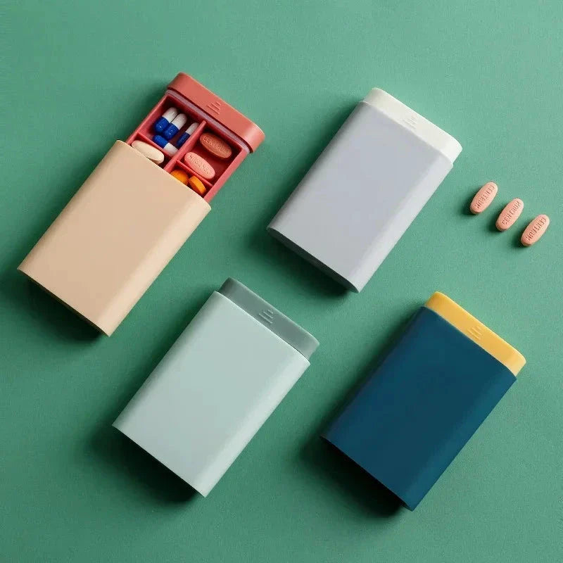 Compact 7-day portable pill organiser with six grids for storing daily medications, supplements, and vitamins