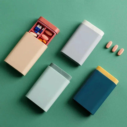 Compact 7-day portable pill organiser with six grids for storing daily medications, supplements, and vitamins