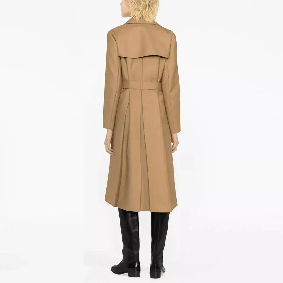 Elegant double-breasted women's trench coat in beige colour with sash, perfect for autumn and winter in the UK