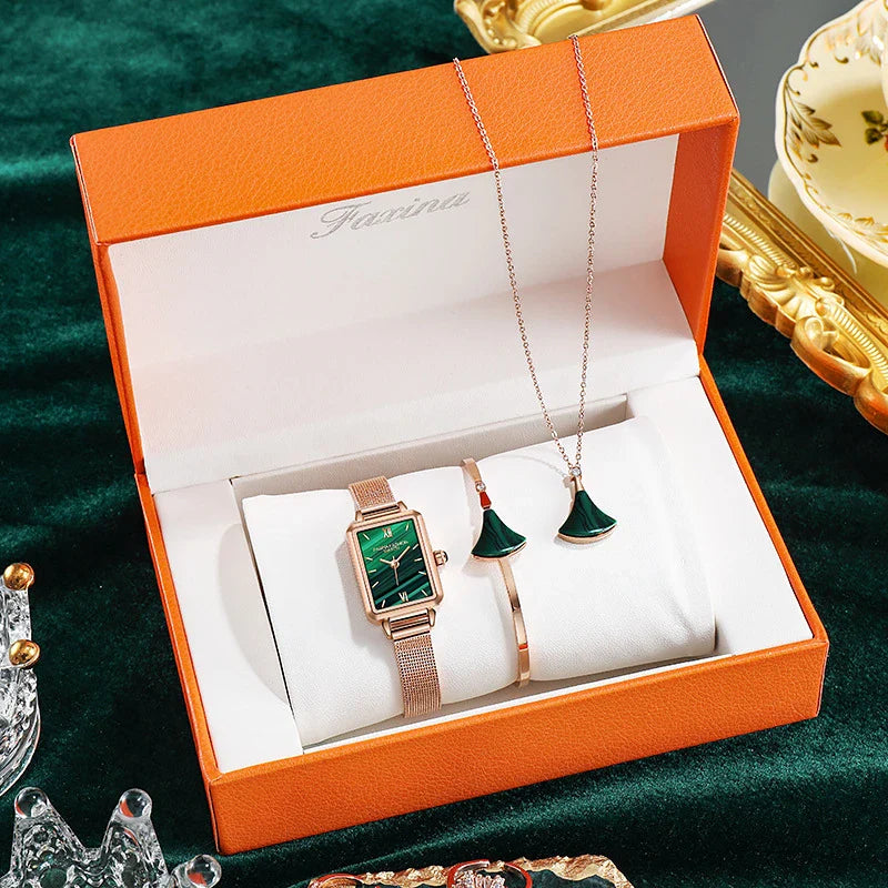 Fashionable green ladies' watch with square design, quartz movement, and 30-metre water resistance