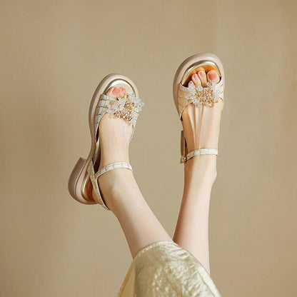 Premium genuine leather gladiator sandals with chunky square heel, adjustable strap, and unique checkered pattern design