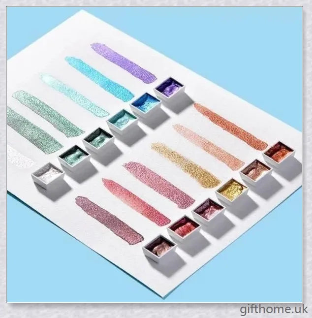 A set of vibrant watercolour paints with a glittering, iridescent effect, including brushes, a palette, and paper for a complete painting experience.