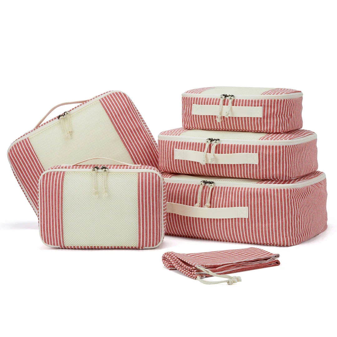Eco-Friendly Foldable Travel Packing Cubes in Red, 6-Piece Set for Organised Packing