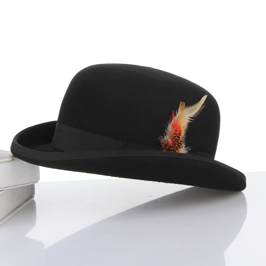 Timeless British Wool Bowler Hat with Delicate Feather Trim - Sophisticated and Elegant Headwear