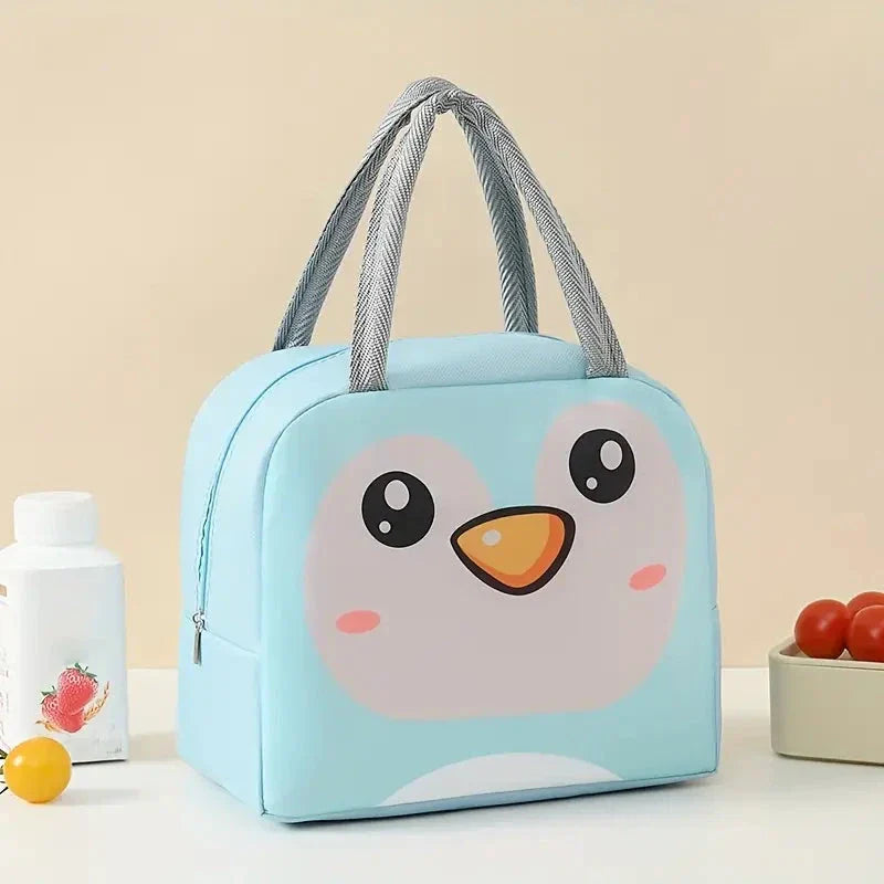Cartoon animal-themed thermal lunch bag for children, made of durable Oxford cloth with insulated design and vibrant animal prints.