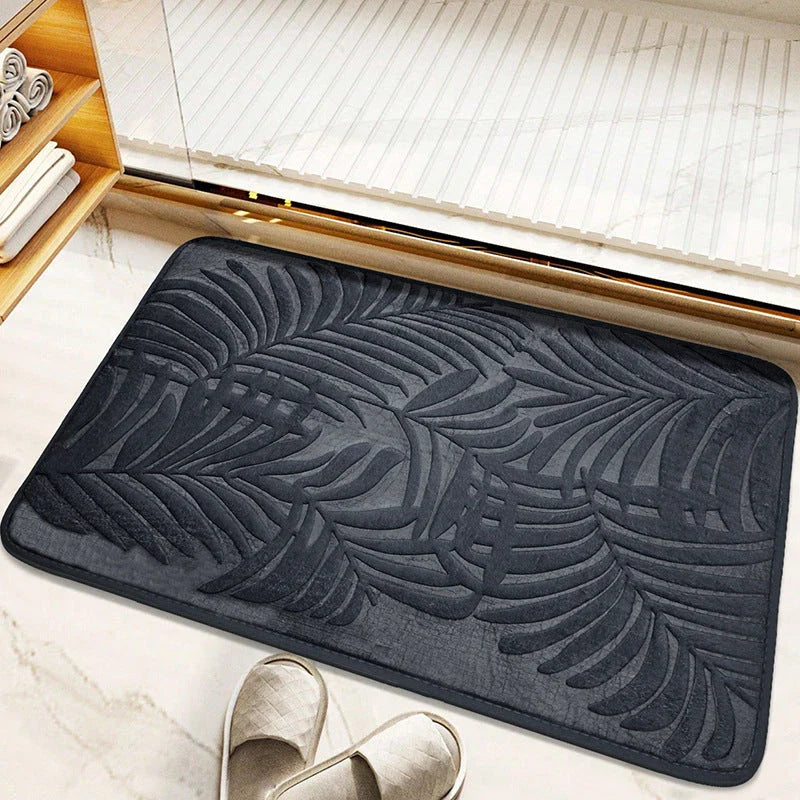 Stylish leaf pattern memory foam bath mat with a 3D embossed design, providing comfort and safety for any room in the home.