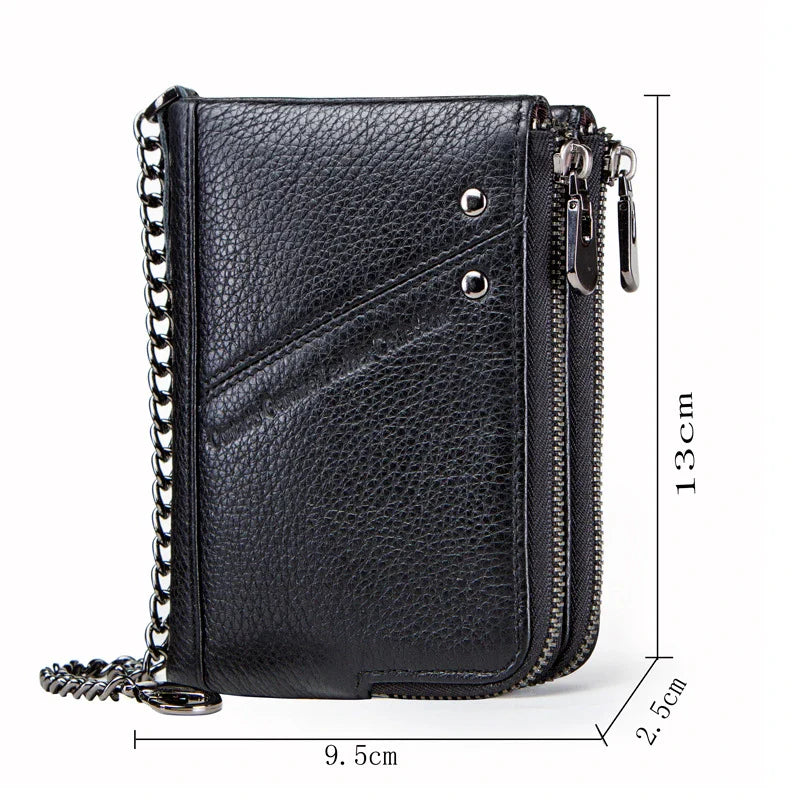 Premium leather coin purse with dual zipper closure, compact vertical design, and cowhide construction for men