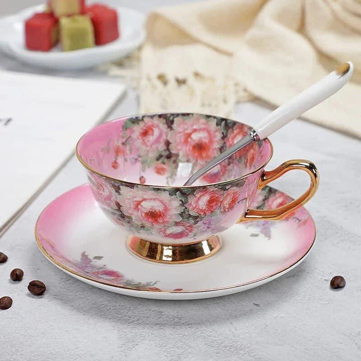 Charming floral porcelain tea set with cup, saucer, and spoon in a variety of delicate colour options