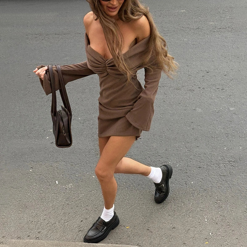 Trendha Slim-Fit Pleated Off-Shoulder Dress in Brown with Long Sleeves