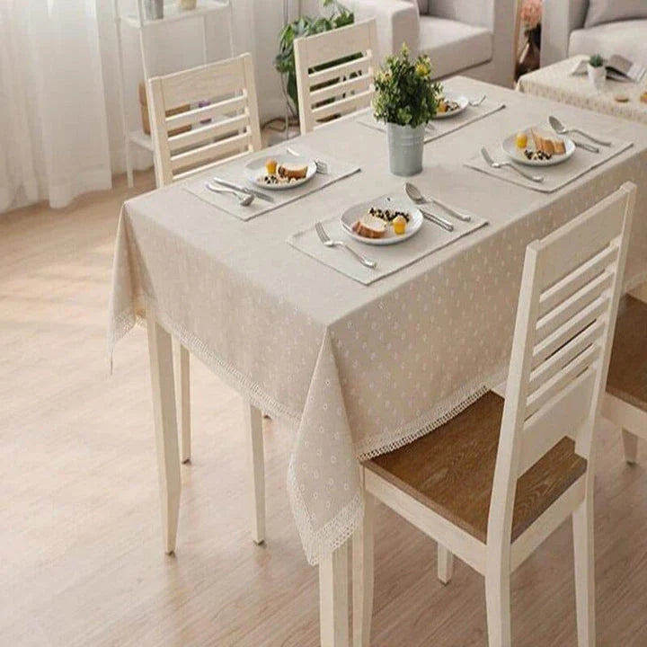 Elegant floral linen tablecloths in various sizes, perfect for dining and entertaining in the British style.