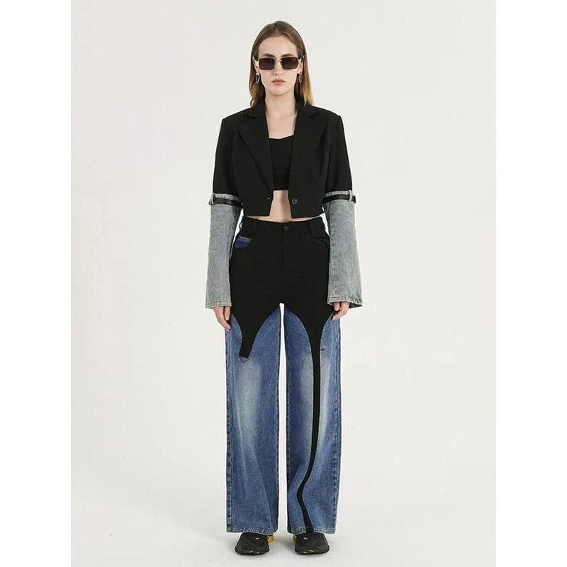 A stylish denim patchwork blazer with a notched collar and single-button closure, designed for the modern British woman