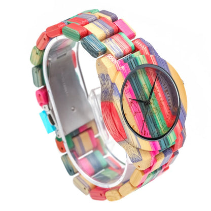 Stylish quartz watch with bamboo wood case and strap in a vibrant colourway