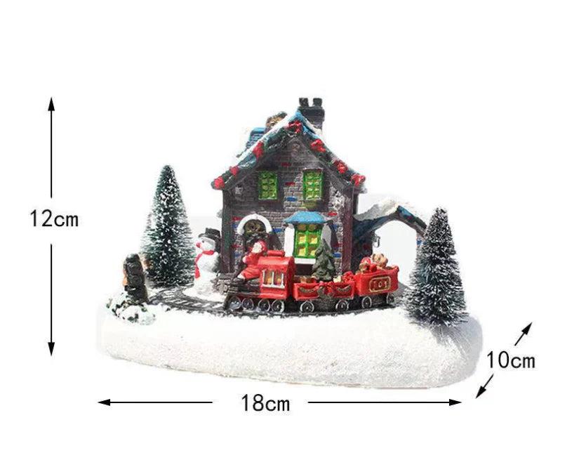 Luminous Christmas house decorations made of resin, with a warm glowing light creating a festive winter scene