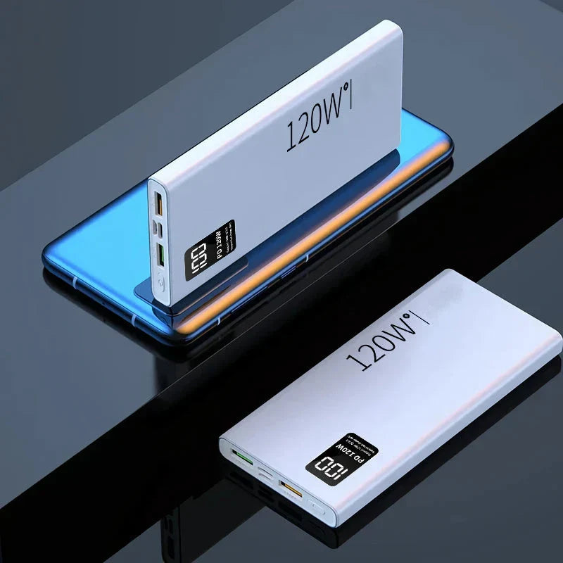 50,000mAh fast charging power bank with sleek design, multiple ports, and LED display