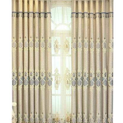 Elegant European-style embroidered mesh curtains in beige and grey shades, providing high sun protection and a modern, minimalist design.