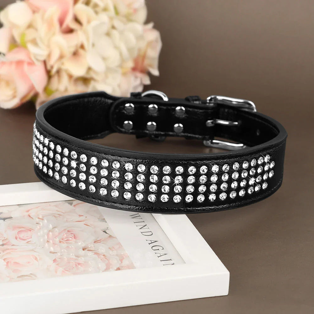 Dazzling rhinestone dog collar made from premium PU leather, available in multiple sizes and colours for medium and large dogs