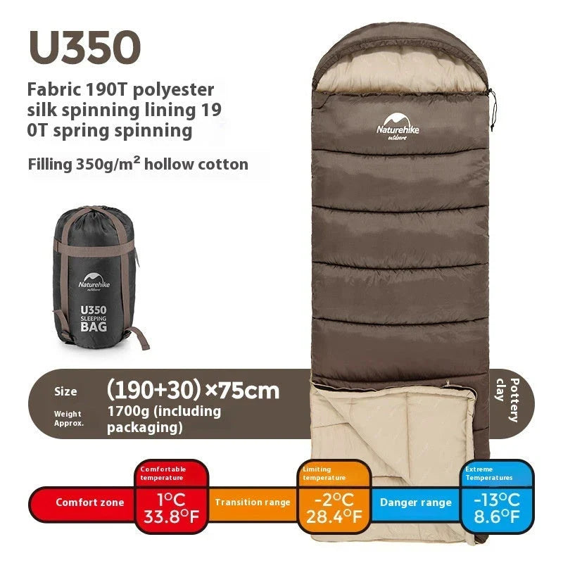 Naturehike Luxury Down-filled Sleeping Bag for Outdoor Camping in Hollow Cotton/Clay Gray, Hollow Cotton/Moxa Leaf Green, and Down Cotton/Sky Blue colours