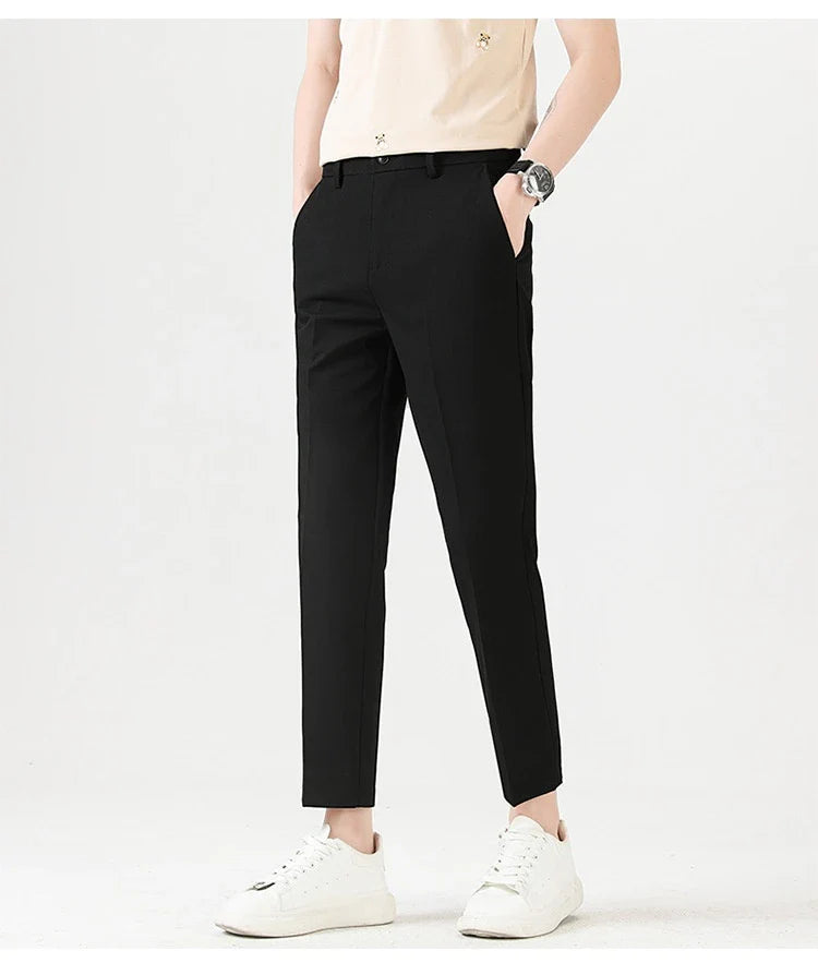 Men's sophisticated stretch trousers with tailored pencil fit, available in a range of classic colours