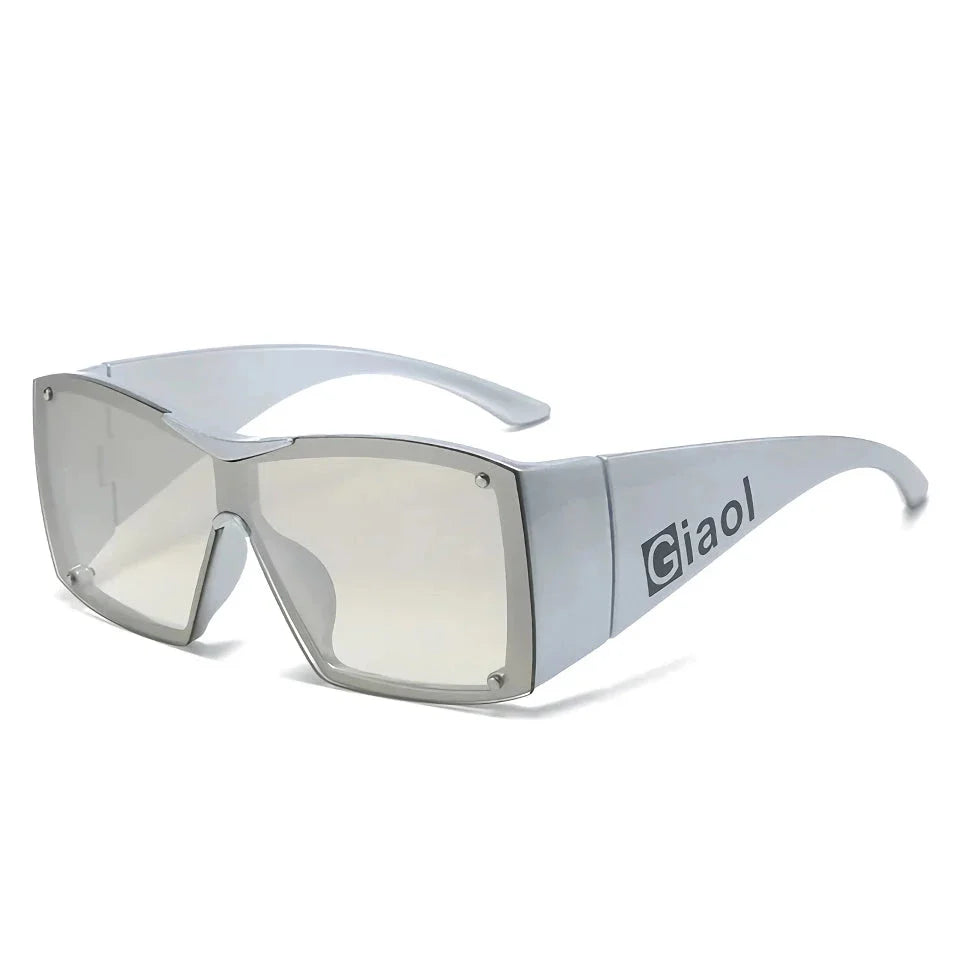 Oversized square sunglasses with black lenses and a durable plastic frame, offering UV400 protection and adaptive photochromic technology.
