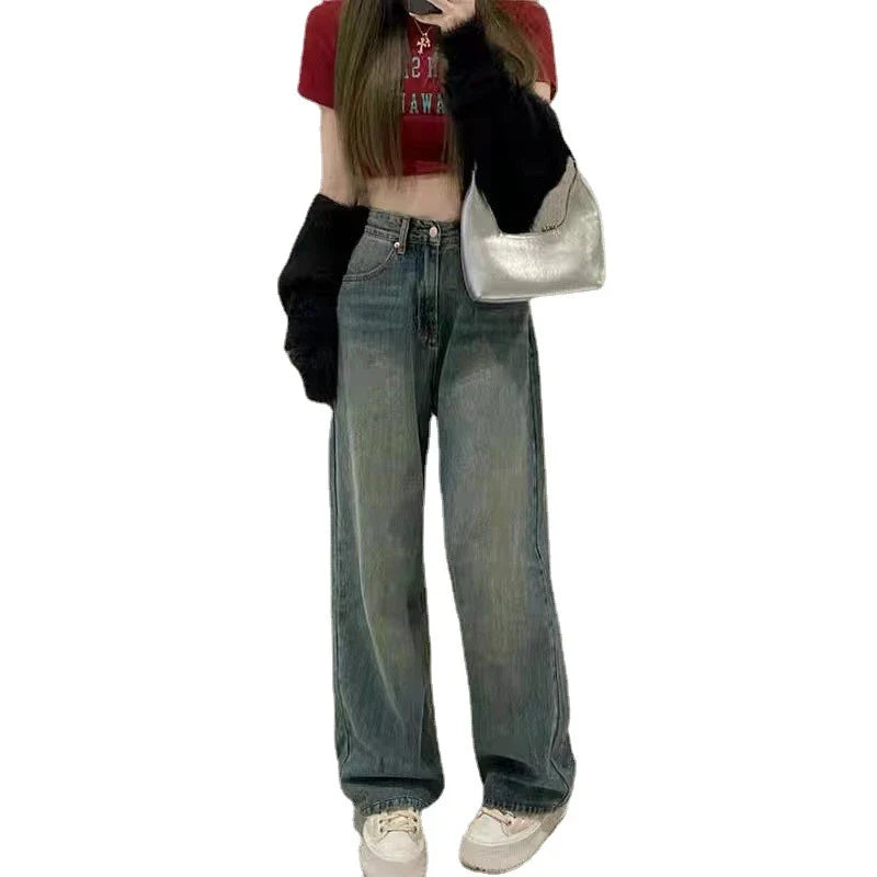 Premium high-waisted wide-leg straight jeans in classic blue denim