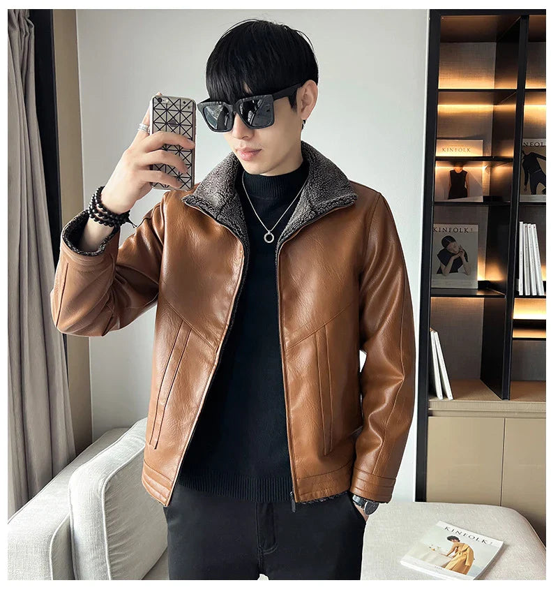Premium plus-size leather jacket in classic Hong Kong style with velvet padding for exceptional comfort and warmth