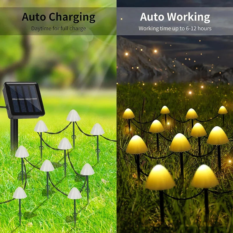 Solar-powered mushroom-shaped pathway lights creating a magical ambiance in a garden or backyard