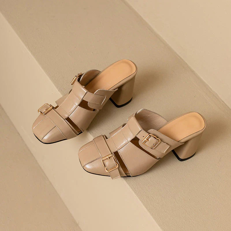 Exquisite embroidered leather high heel slippers in khaki colour, showcasing intricate detailing and a stable square heel design for stylish summer wear