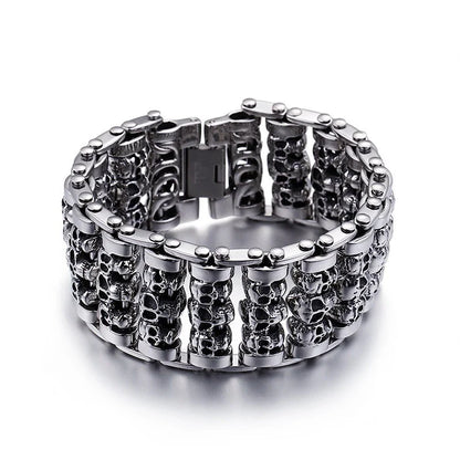 A premium titanium steel skull bracelet, designed for the style-conscious British gentleman with a rebellious spirit.
