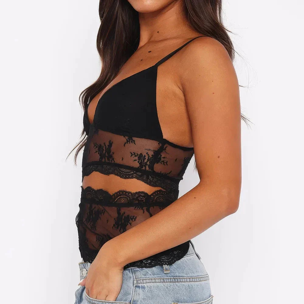 Stylish floral lace camisole top with spaghetti straps and backless design for fashion-forward summer looks