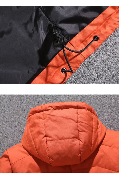 Men's premium white duck down insulated winter jacket with multiple pockets, adjustable hood and cuffs, designed for warmth and style.