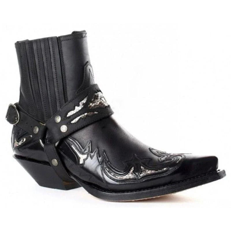 Premium quality men's mid-heel pointed toe knight boots in black, coffee, brown, and reddish brown colours