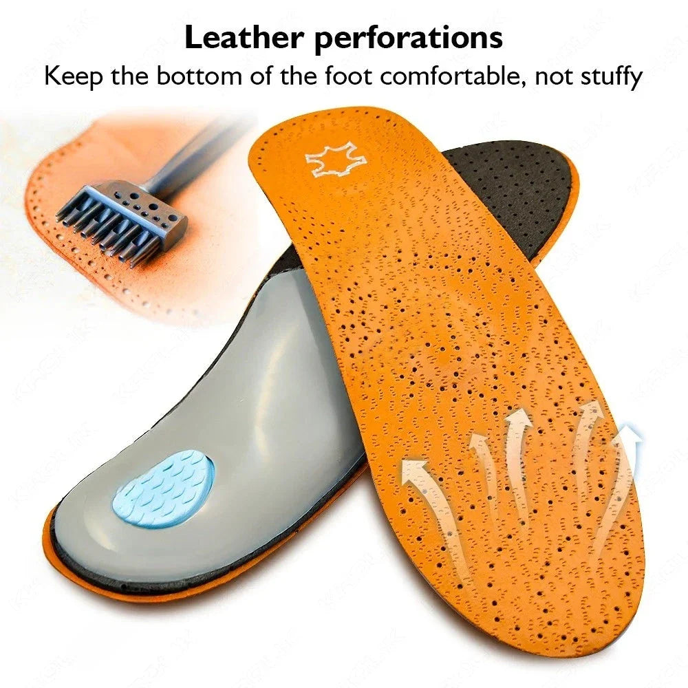 Premium orthopaedic leather insoles with 3D design for superior arch support and foot comfort