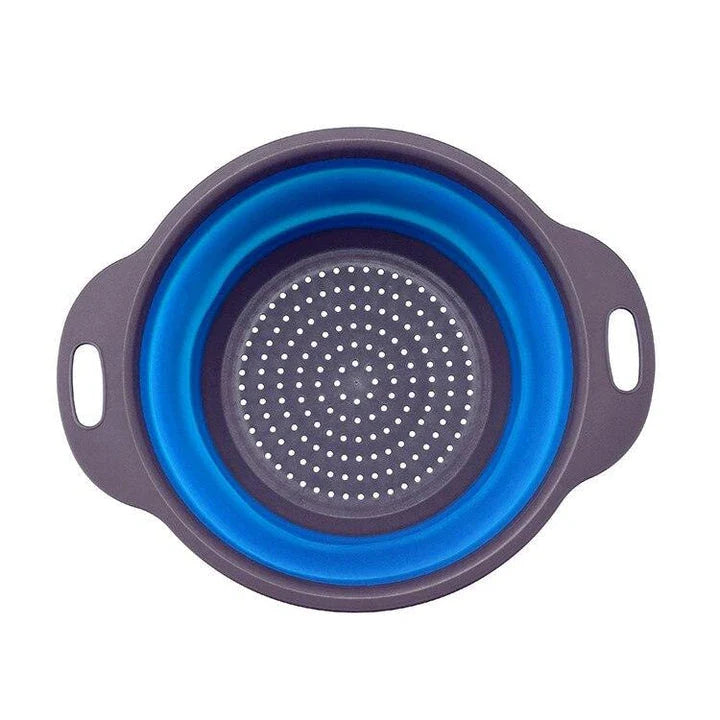 A vibrant, colourful folding colander made with durable food-grade materials for efficient straining and compact storage in the kitchen.